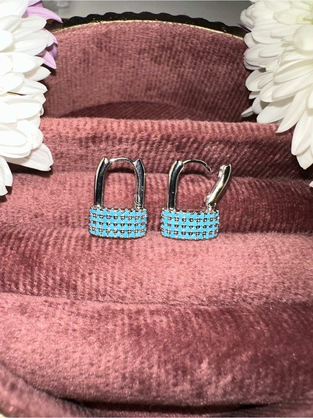 Sterling Silver Turquoise Pave Lock🔒Huggie Earrings